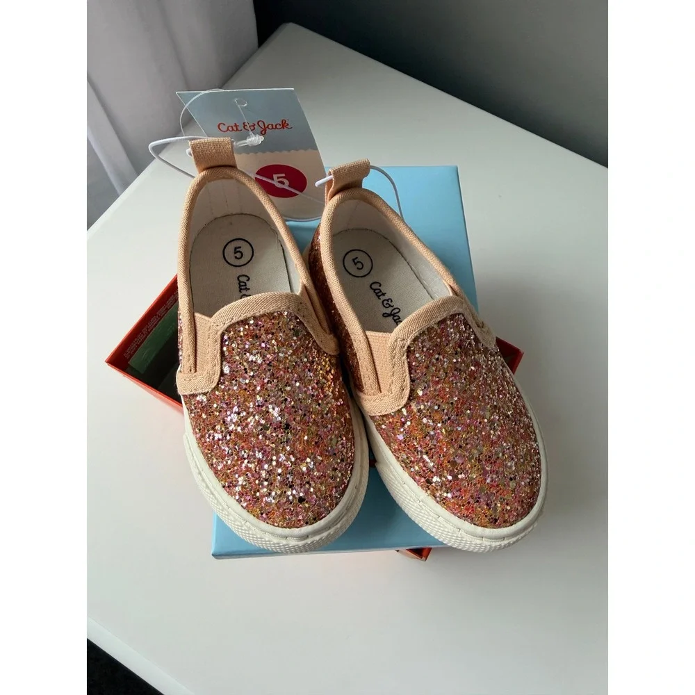 Cat & Jack Glitter Sneakers Toddler Size 5 Rose Gold Pink NWT Slip‎ On Sparkle